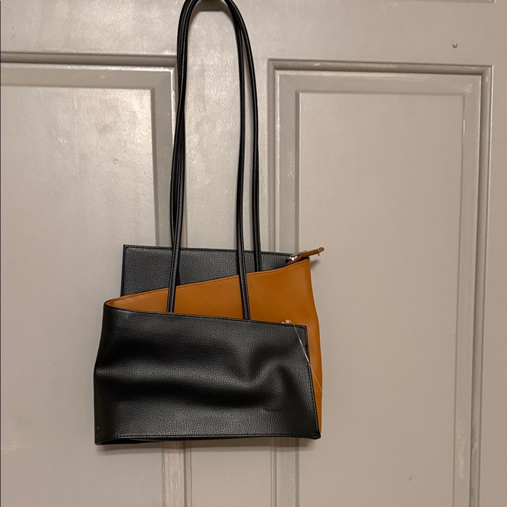 Two-Tone Black and Tan Tote Bag with Slim Shoulder Straps